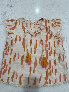 Tribal brand Boho Tassel Fringe Blouse in Cream with Pink & Orange